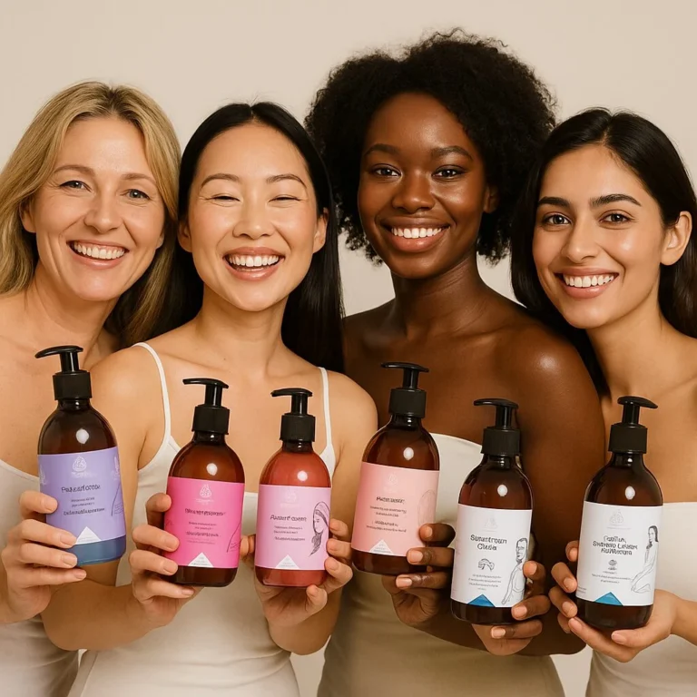 Diverse group of women holding OMAÏLAB plant-based conductive gels and creams