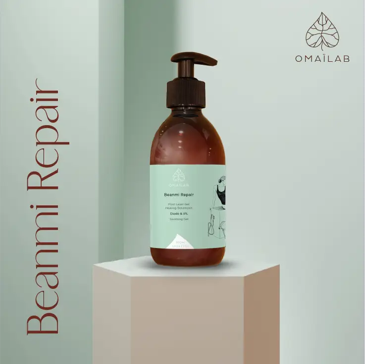 OMAÏLAB Beanmi Repair post-laser and IPL soothing gel bottle on neutral background · OMAÏLAB by EcoSkin Supplies