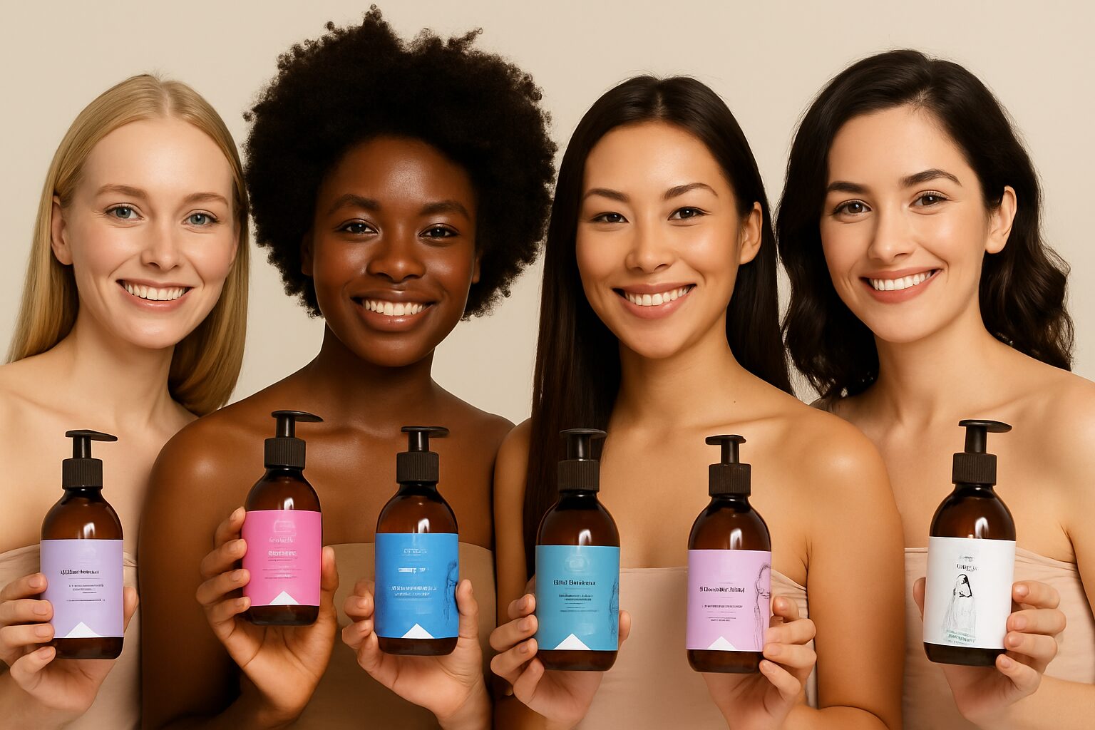 Four diverse women holding OMAÏLAB plant-based conductive gels — close-up portrait · OMAÏLAB by EcoSkin Supplies