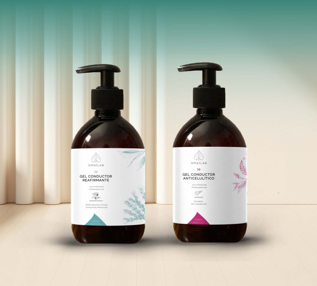 Two OMAÏLAB conductive gel bottles — firming and anti-cellulite formulations · OMAÏLAB by EcoSkin Supplies