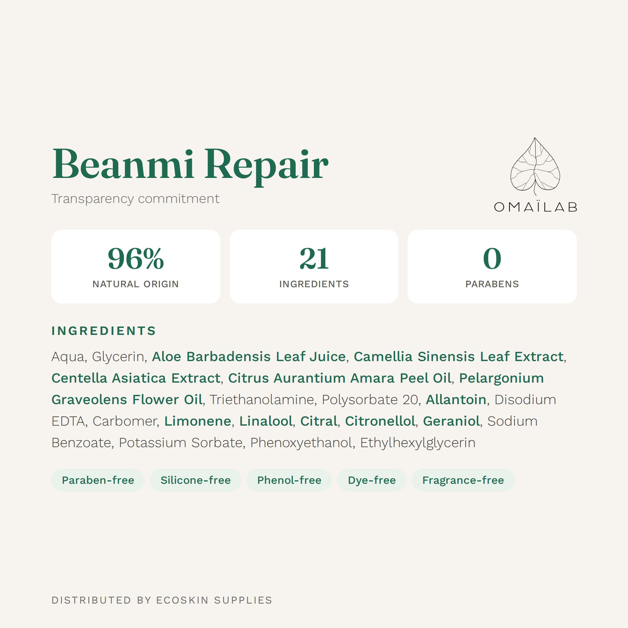 OMAÏLAB Beanmi Repair ingredient list (INCI) — plant-based post-laser & IPL aloe conductive formula, EcoSkin Supplies