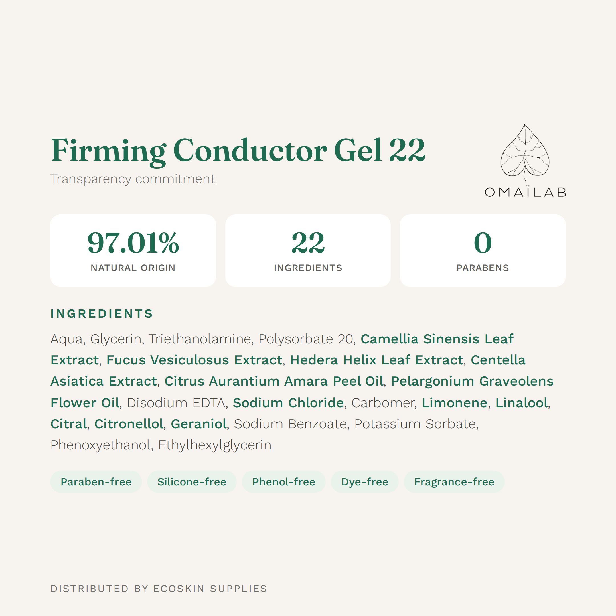 OMAÏLAB Firming Conductor Gel 22 ingredient list (INCI) — plant-based radiofrequency firming conductive formula, EcoSkin Supplies